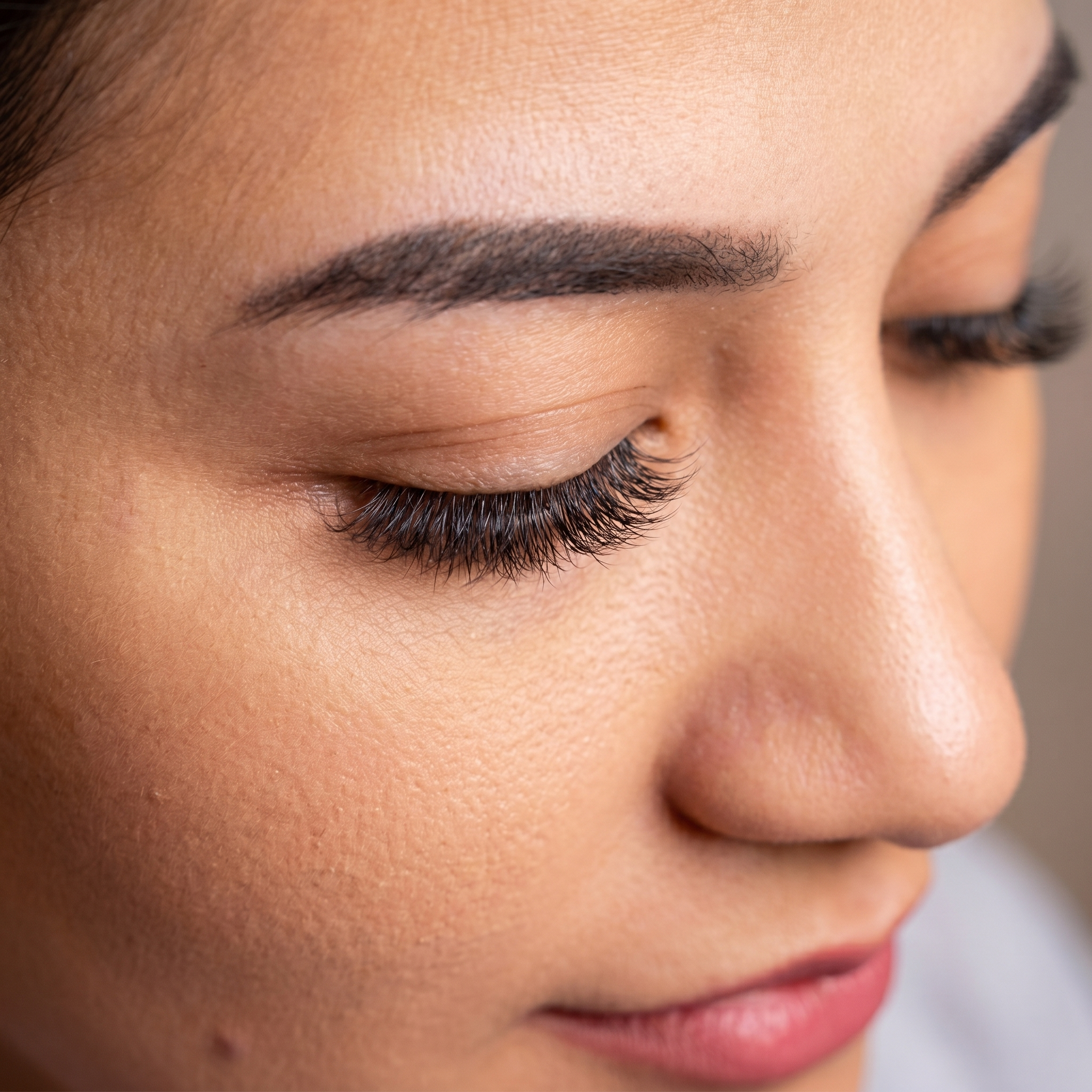 A close-up of soft, full lash extensions on a relaxed eye